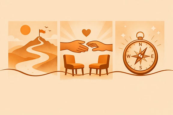 Three connected illustrations representing career growth, workplace community, and sense of purpose at work.