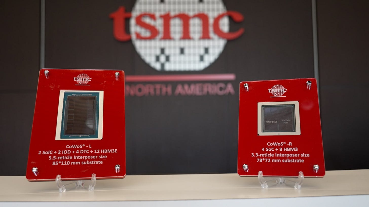 TSMC CoWoS chips: Sample microchips packaged using CoWoS at TSMC's offices in San Jose, California, shown to CNBC on February 20, 2026.