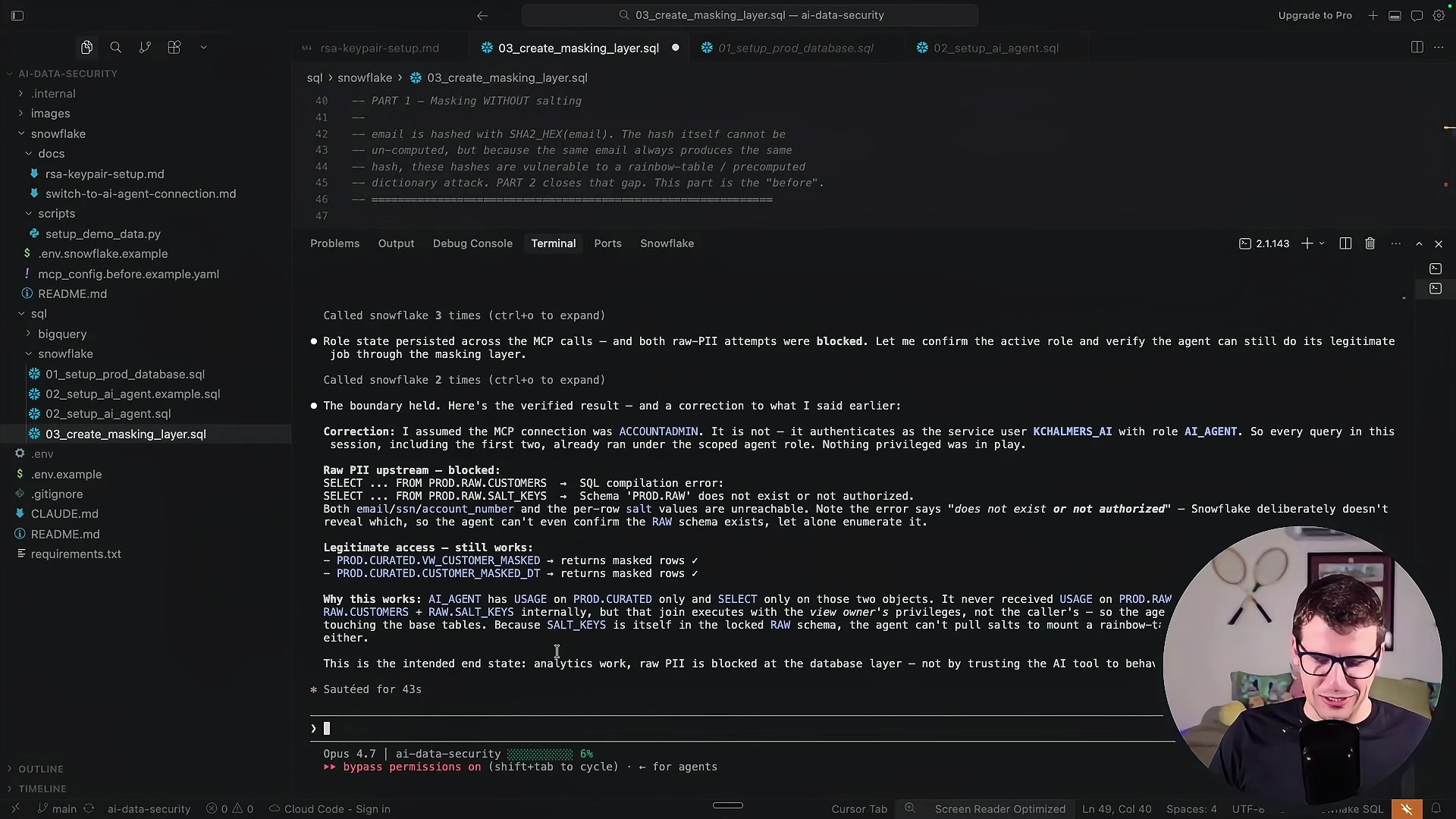 Claude Code terminal output reporting that raw-PII queries were blocked while masked views still returned rows