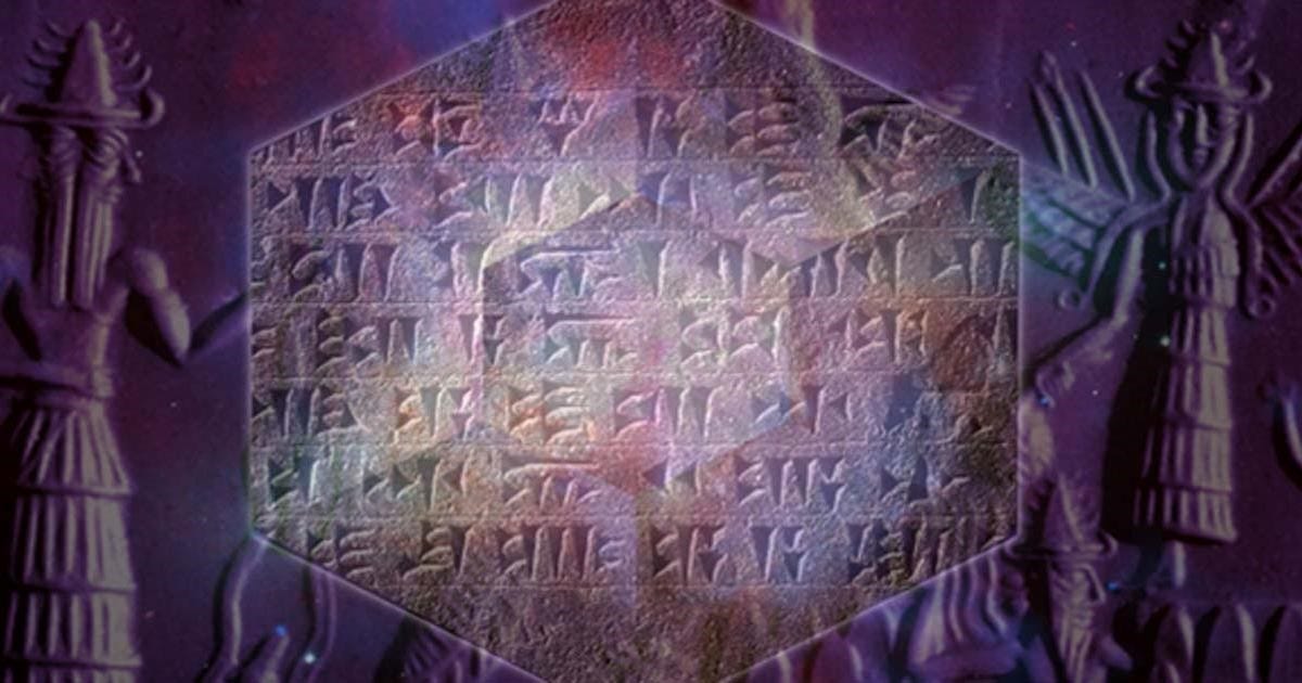 Ordered universe and cuneiform (Public Domain) and Akkadian cylinder featuring Anunnaki.