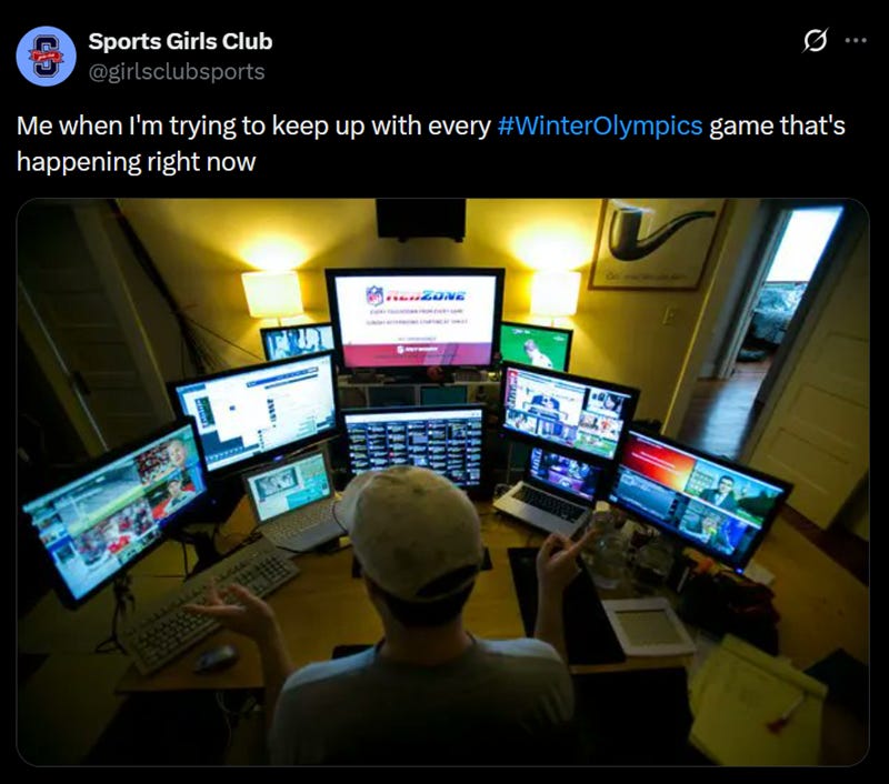 Sports Girls Club @girlsclubsports 3 ... Me when I'm trying to keep up with every #WinterOlympics game that's happening right now LUZONE Sports Girls Club @girlsclubsports 3 ... Me when I'm trying to keep up with every #WinterOlympics game that's happening right now LUZONE