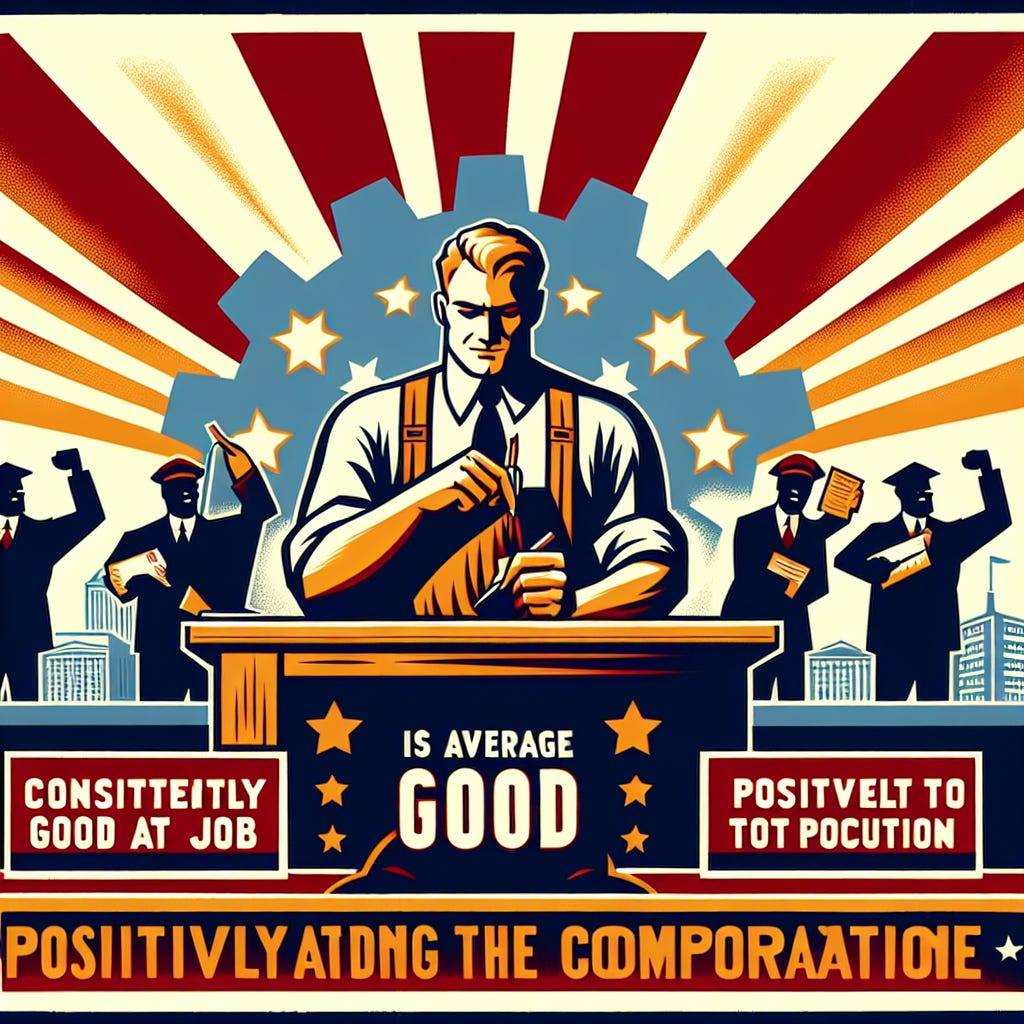 a young professional white collar worker who is considered a solid citizen. this isnt a regular country, though, it's a corporation and the person is the perfect middle-of-the-road kind of worker. consistent, good work product, positive culture contributor. they won't be CEO or president of the joint, but they're content with that. put this in the style of a communist country's patriotic poster because this person is the archetype of the corporate citizen.