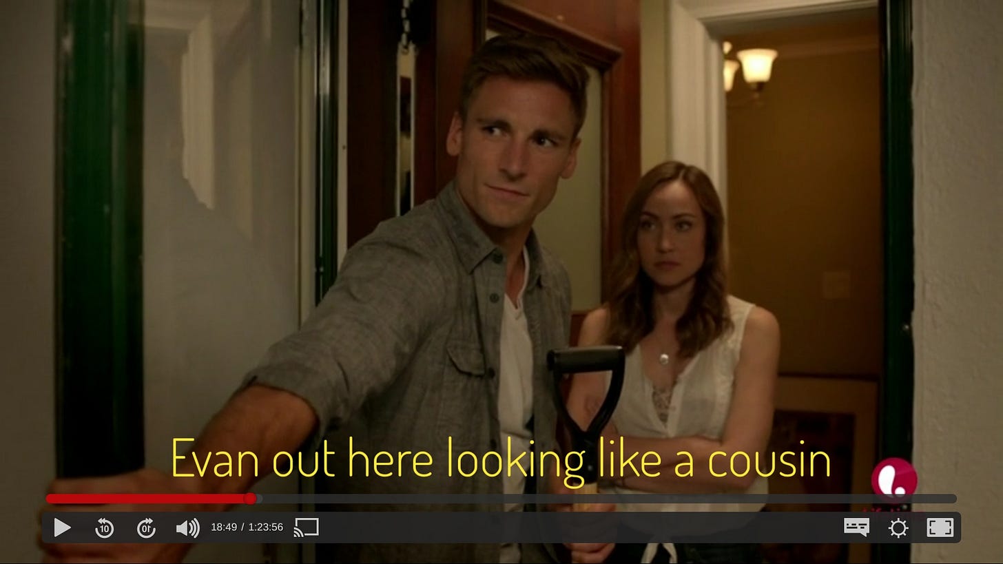 Evan and Jess at the door, Evan holding a shovel and being very bland and annoyed. Captioned "Evan out here looking like a cousin"