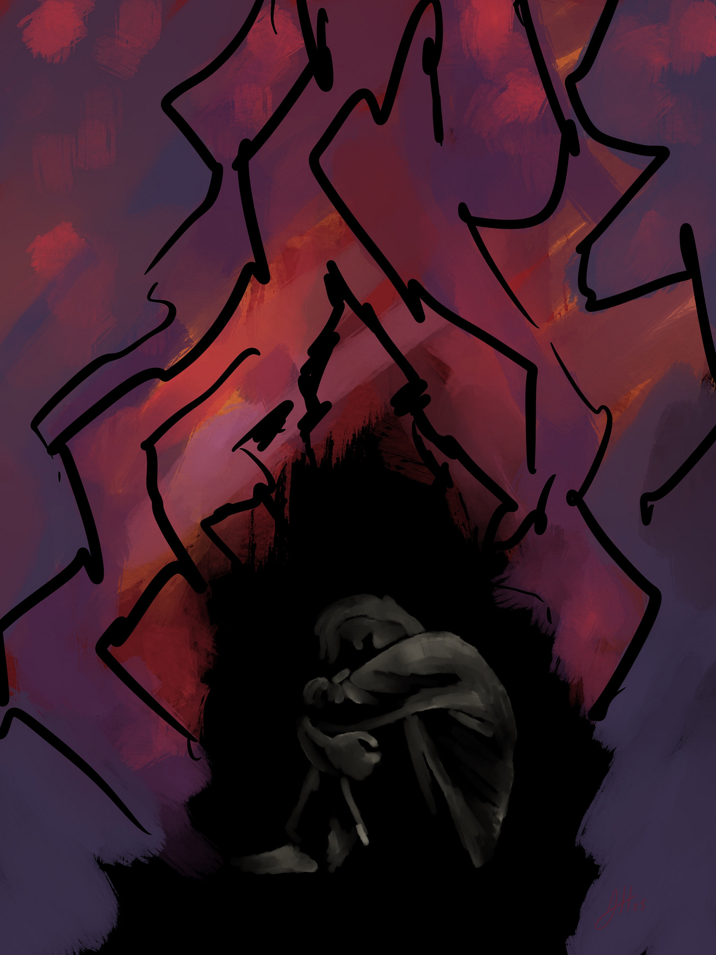 A figure crouches in a dark space surrounded by violent black lines and purple and red