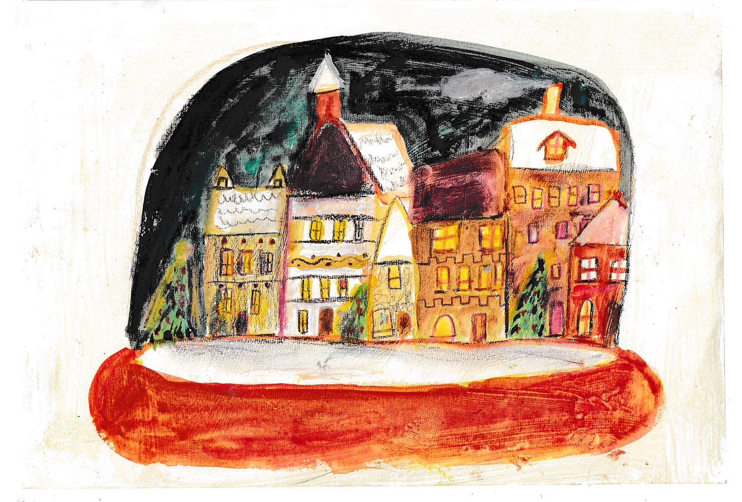 christmas village snowglobe illustration by Beth Spencer