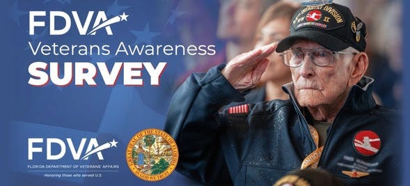 A promotional banner featuring an elderly veteran in a dark jacket with military patches and a black cap bearing World War II insignia, saluting. On the left, large text reads “FDVA Veterans Awareness SURVEY,” with the FDVA (Florida Department of Veterans Affairs) logo, the Florida state seal, and the tagline “Honoring those who served U.S.” The background shows faint American flag elements and a blurred crowd.