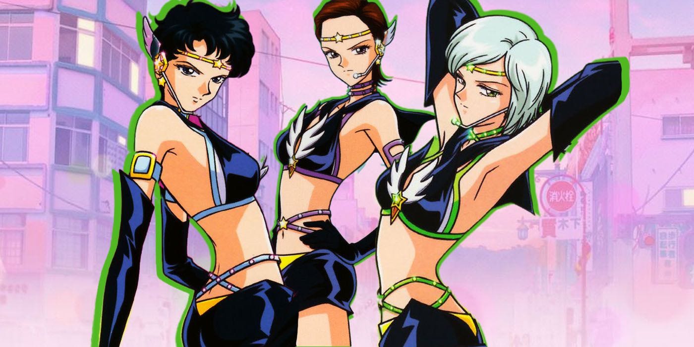 Three anime characters dressed in black leather shorts, bras, and elbow length gloves. One has black hair, one has red, and one has silver. They all have golden headbands with stars in the center.