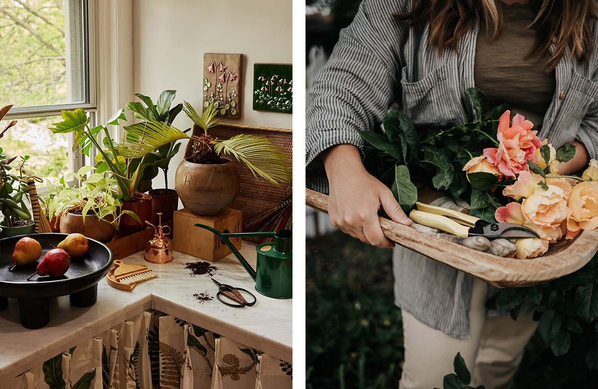 Left: Kitchen corner filled with plants; right: chic secateurs in flower basket