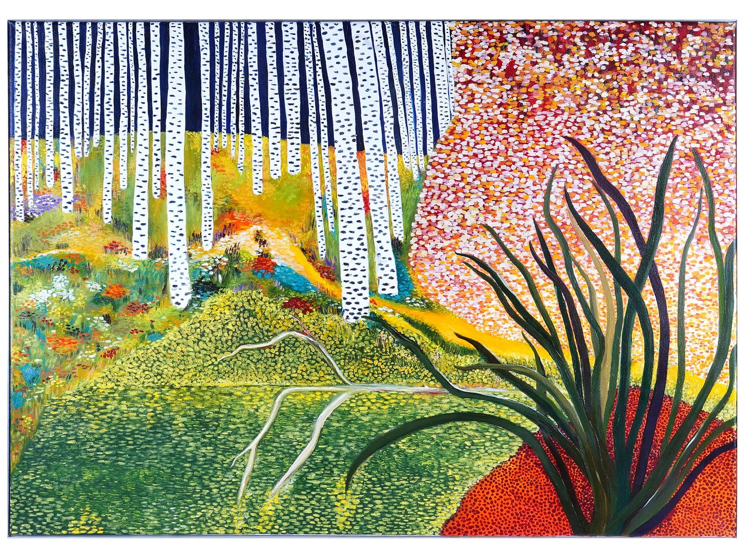 Painting of a forest with birches and flowers.