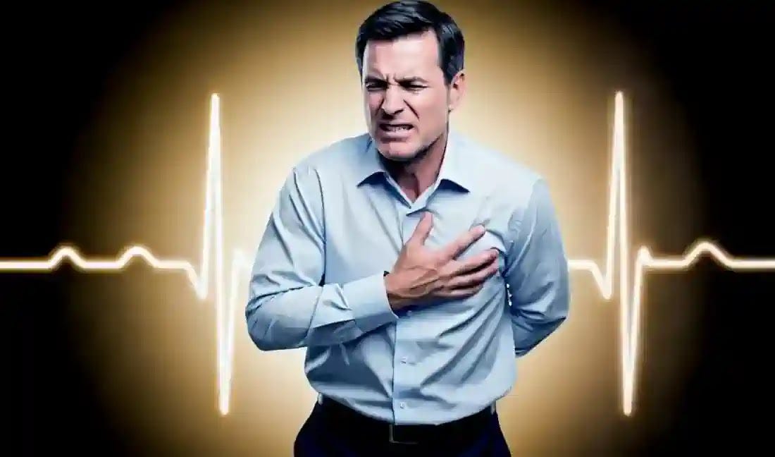 A middle-aged man clutches his chest, his face contorted in agony.