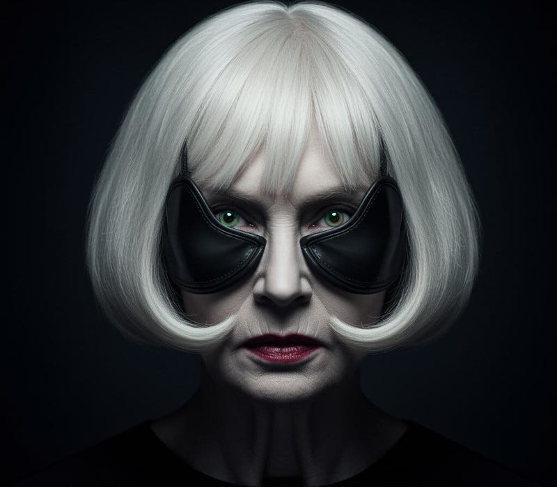 A woman wearing leather blinkers, staring at the viewer aggressively.