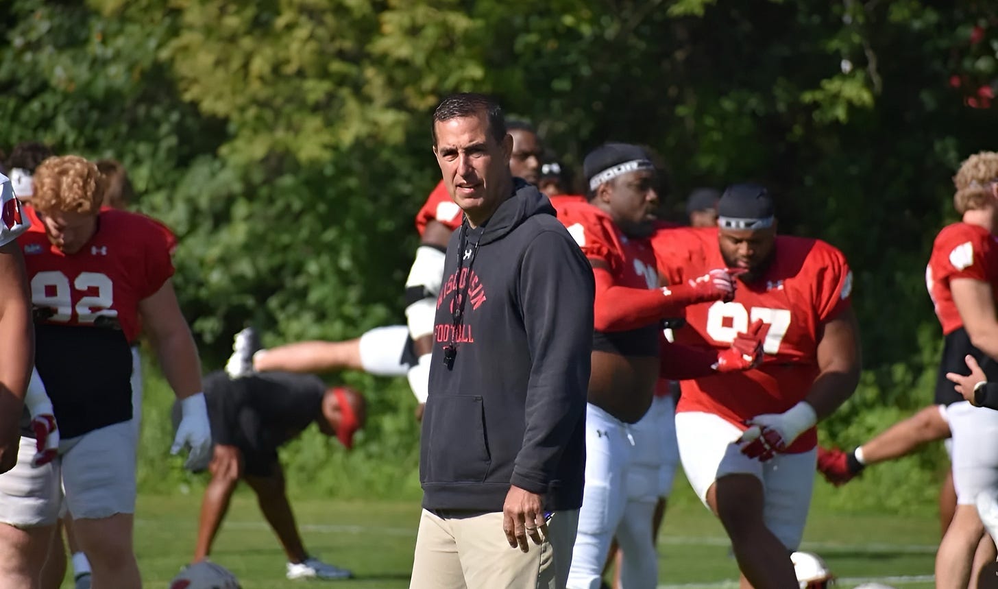 Wisconsin Badgers head coach Luke Fickell on the field during a fall camp practice.