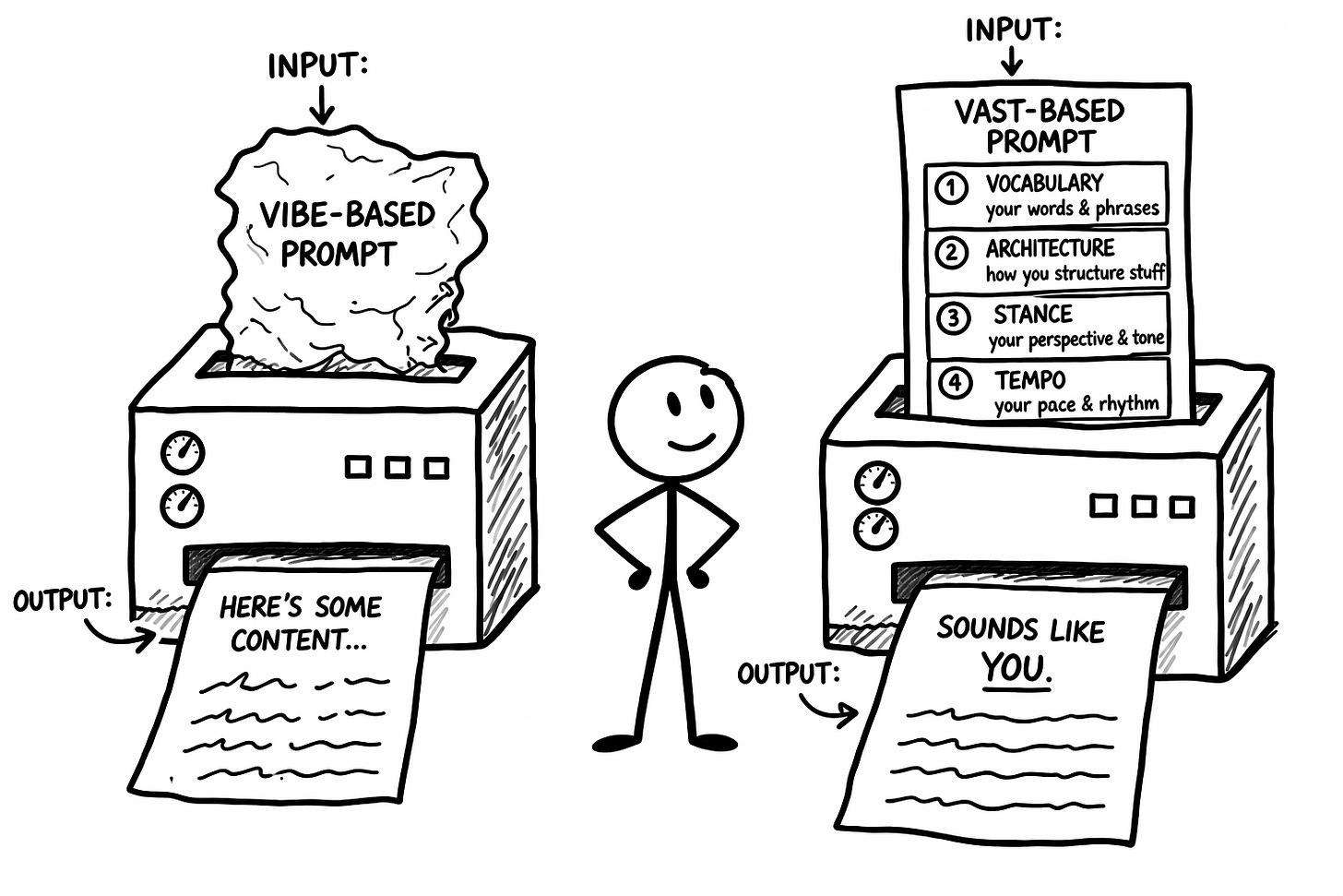 Hand-drawn diagram comparing a vibe-based AI prompt to a VAST-based prompt using Vocabulary, Architecture, Stance, and Tempo to produce AI writing that sounds like you. Hand-drawn diagram comparing a vibe-based AI prompt to a VAST-based prompt using Vocabulary, Architecture, Stance, and Tempo to produce AI writing that sounds like you.