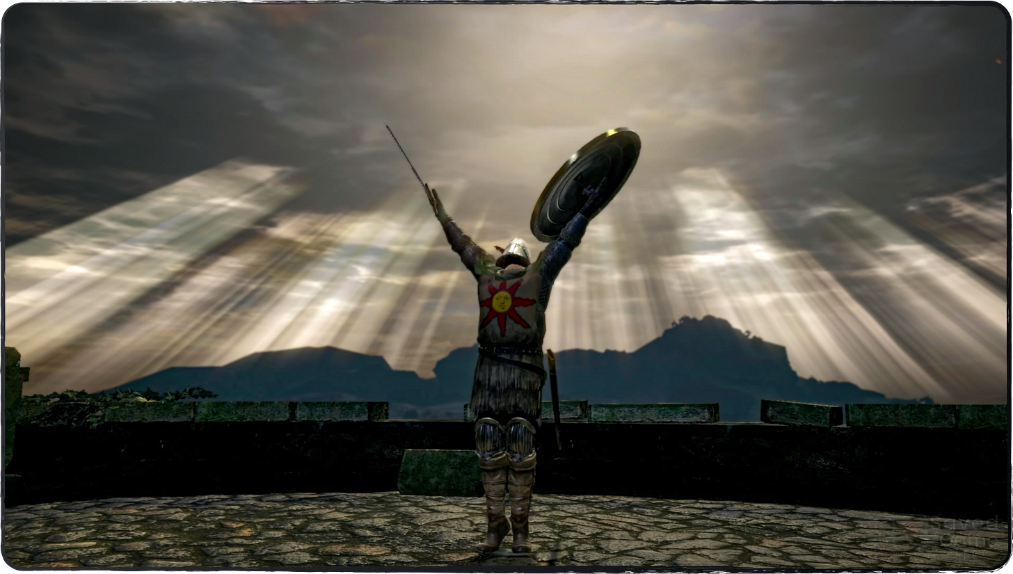 An image showing the character doing the "Praise the Sun" gesture wearing Solaire's armor!