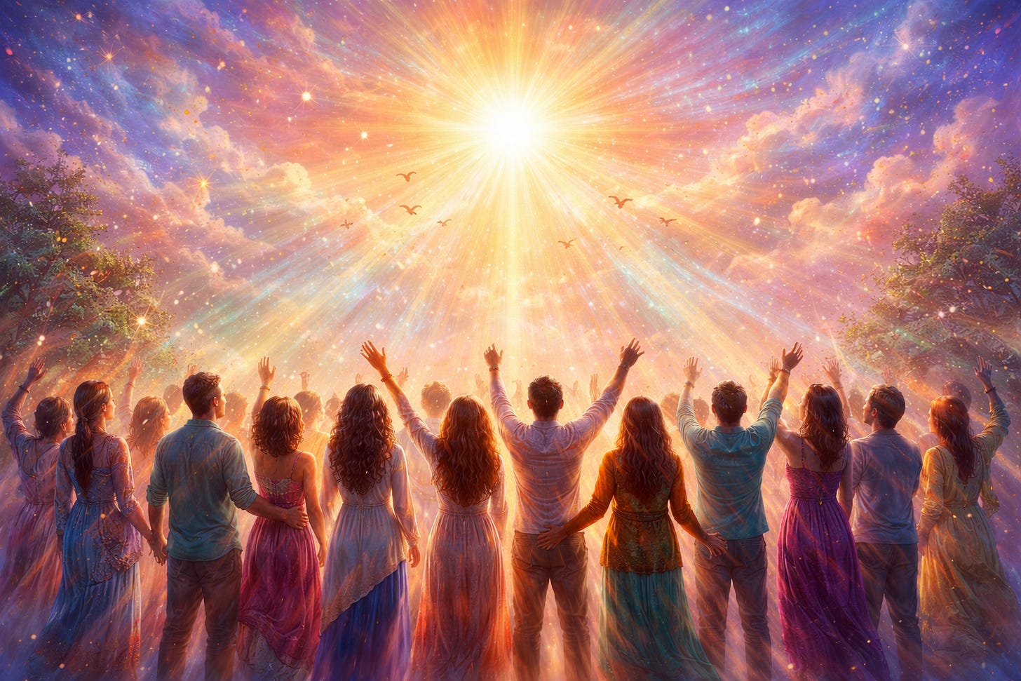 A diverse group of people stand shoulder to shoulder with arms raised toward a brilliant white light in the sky, surrounded by glowing clouds in pink, gold, and purple, with birds silhouetted in the distance and sparkling particles drifting through the air.