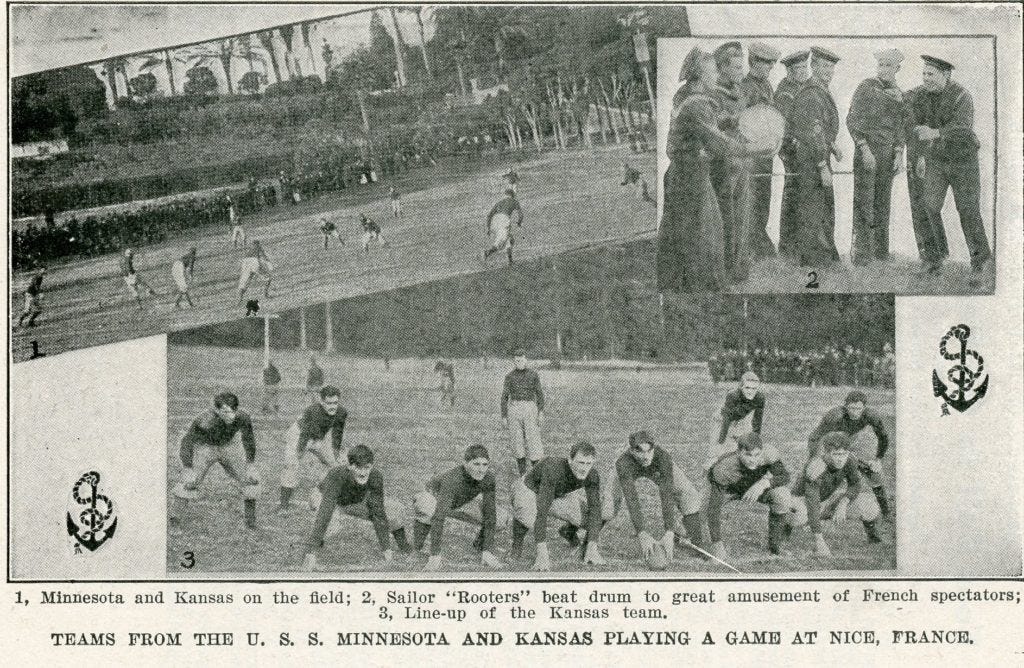 Images of the U.S.S. Kansas and the U.S.S. Minnesota playing football in Nice, France, in January 1909. Images of the U.S.S. Kansas and the U.S.S. Minnesota playing football in Nice, France, in January 1909.