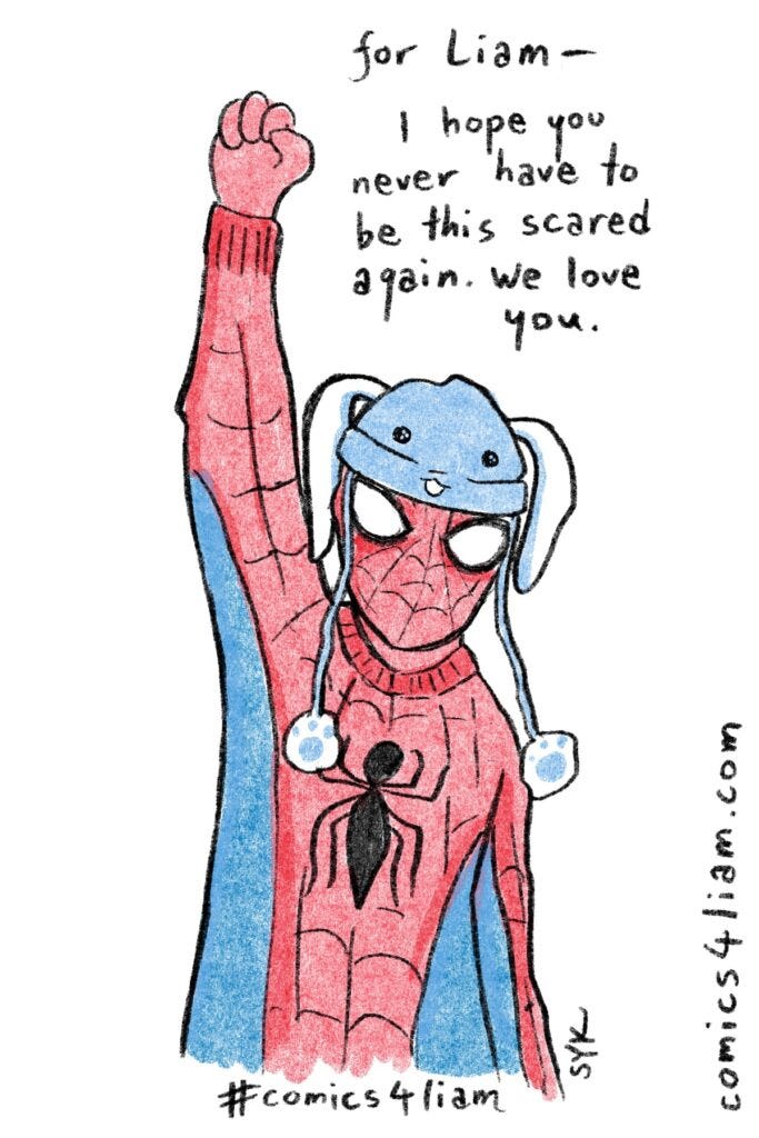Drawing by Shing Yin Khor featuring a person in a Spider-Man mask and sweater and bunny hat with fist upraised. Text reads "For Liam -- I hope you never have to be this scared again. We love you. #comics4liam / SYK / comics4liam.com