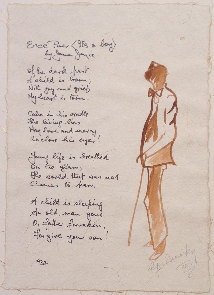 May be an illustration of ‎overcoat and ‎text that says "‎Ecce Pue EccePue <9E3 a Boy> ှ၂၀၂ youe Jonee of the dark past A child is bam. with day and grief My heast م totn. Calm in his aradle The ing lies May love and merey, unclove close his eyes Youy En the glan; life is breathed The wonld that ผมา not Comes ద has. child is sleeping eu old man gone O, faltes frrsahin, ม targive your son. 1932 lunitg uH Cenaifly HHY‎"‎‎