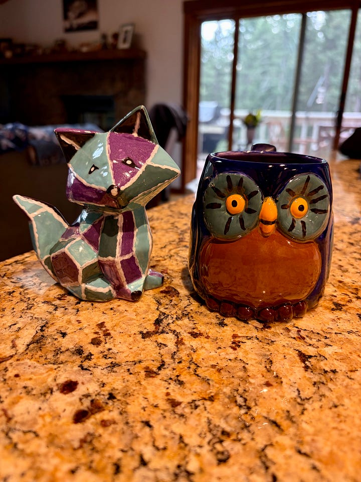 a fox figurine and owl mug before and after being fired