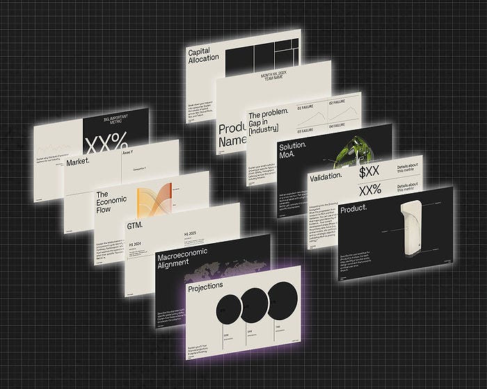 Pitch deck template slides floating on a dark background