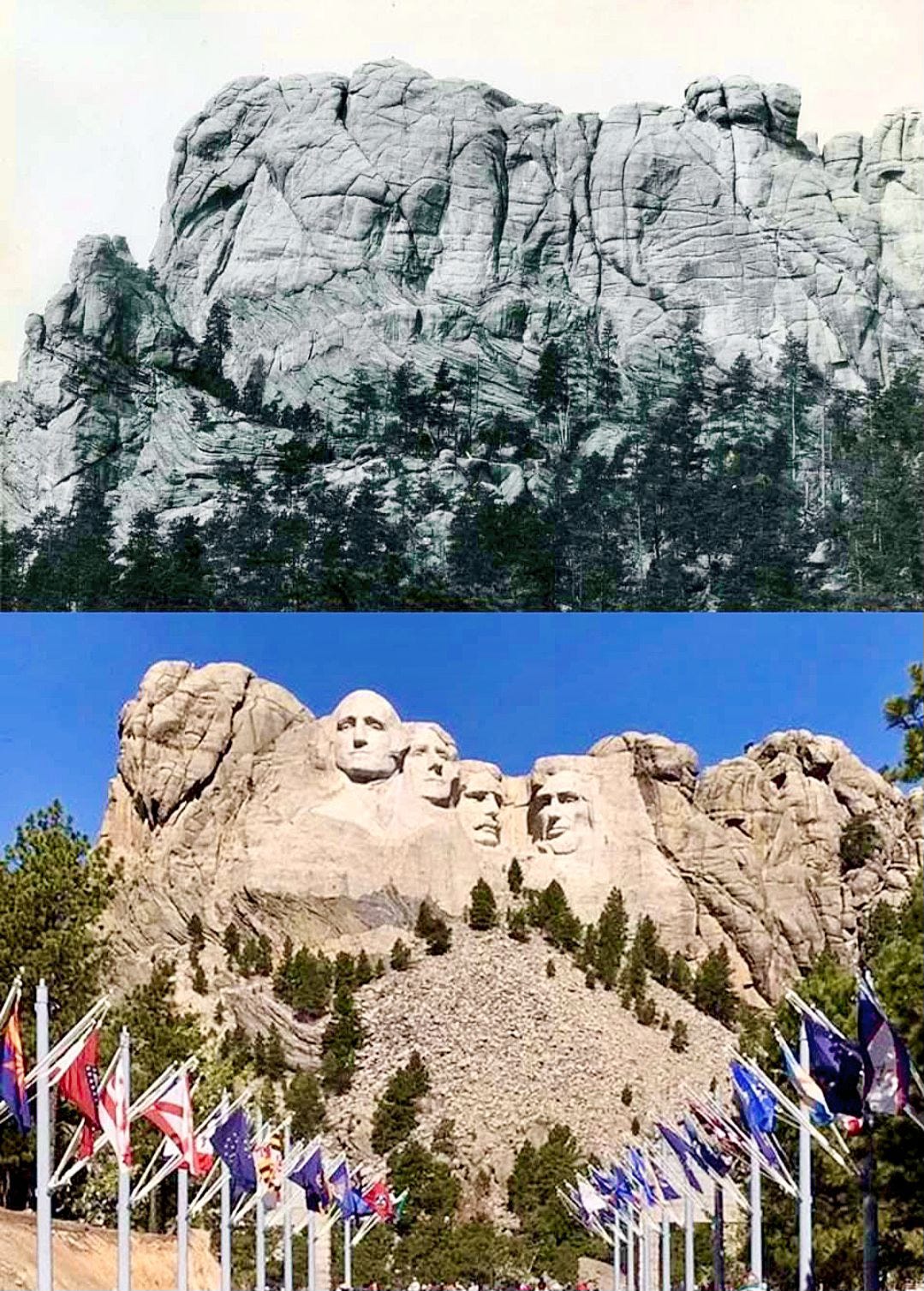 Mount Rushmore, before and after carving
