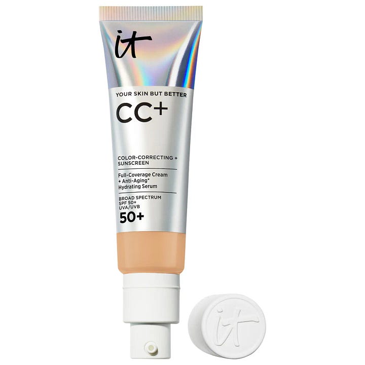 IT Cosmetics CC+ Cream with SPF 50 and No7 Prime Forever Broad Spectrum SPF50 Primer Sunscreen bottles side by side for a melting makeup summer skin routine