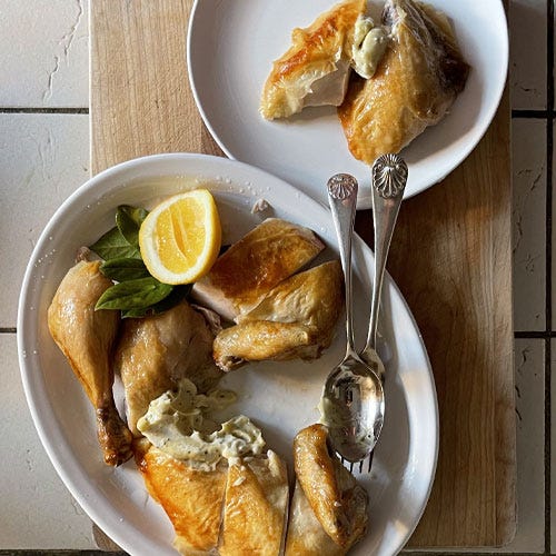 Roasted chicken and serving platter