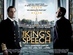 A film poster showing two men framing a large, ornate window looking out onto London. Colin Firth, on the left, is wearing as naval uniform as King George VI, staring at the viewer. Geoffrey Rush, on the right, is wearing a suit and facing out the window, his back to the reader. The picture is overlaid with names and critical praise for the film.