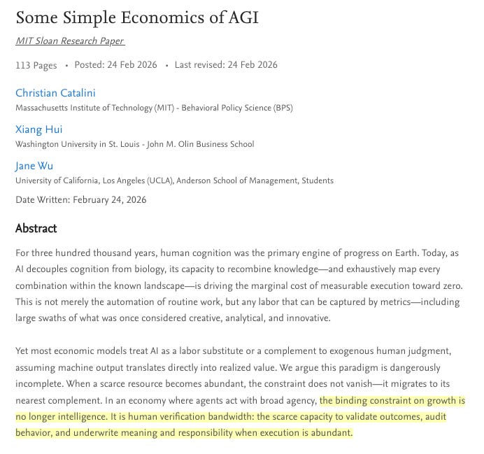 Paper excerpt from "Some Simple Economics of AGI" by Catalini, Hui, and Wu