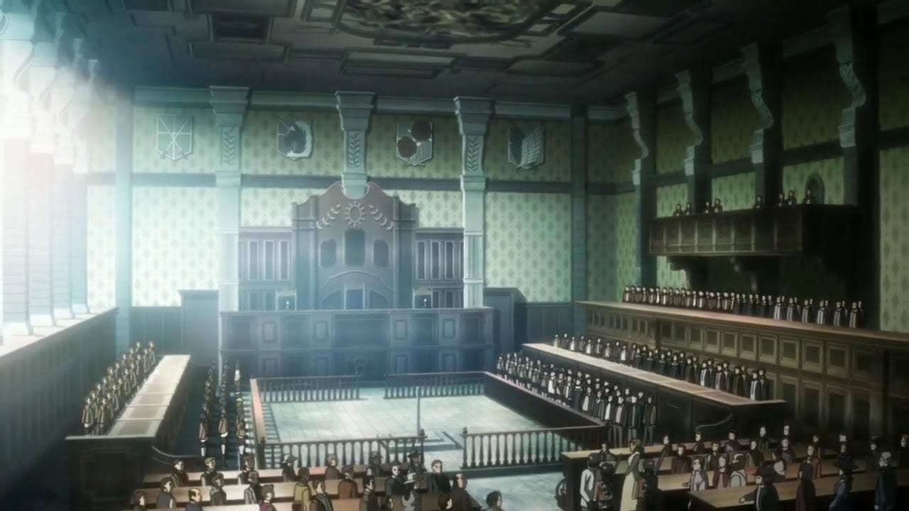 wide shot of the military courtroom from Attack on Titan wide shot of the military courtroom from Attack on Titan