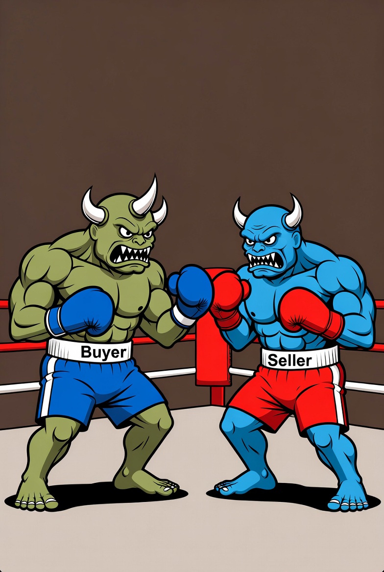 A cartoon illustration of two monster boxers, Buyer and Seller, in a boxing ring.