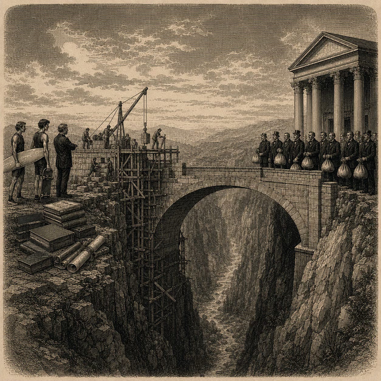 Wood-engraving editorial illustration in the Thomas Nast Harper's Weekly style for Attention Capital's essay The Playbook Already Built. The image depicts a heavy stone bridge under construction across a ravine. The right bank holds a finished marble portico with rows of institutional capital-holders ready to deploy. The left bank holds a small group of waiting cash-flow originators (athletes, operators, creators) beside their bound contracts. The bridge is roughly 70% complete, with the left-side approach still in scaffolding. The visual argument: the institutional capital base for behavioral cash flow ABS is already deployed against music catalogs and waits to deploy against athlete commercial books, action sports brand credit, and creator audience ABS the moment the rated framework completes the bridge. Keywords: rated ABS bridge, behavioral cash flow finance, music catalog ABS comp, athlete commercial ABS, creator credit infrastructure.