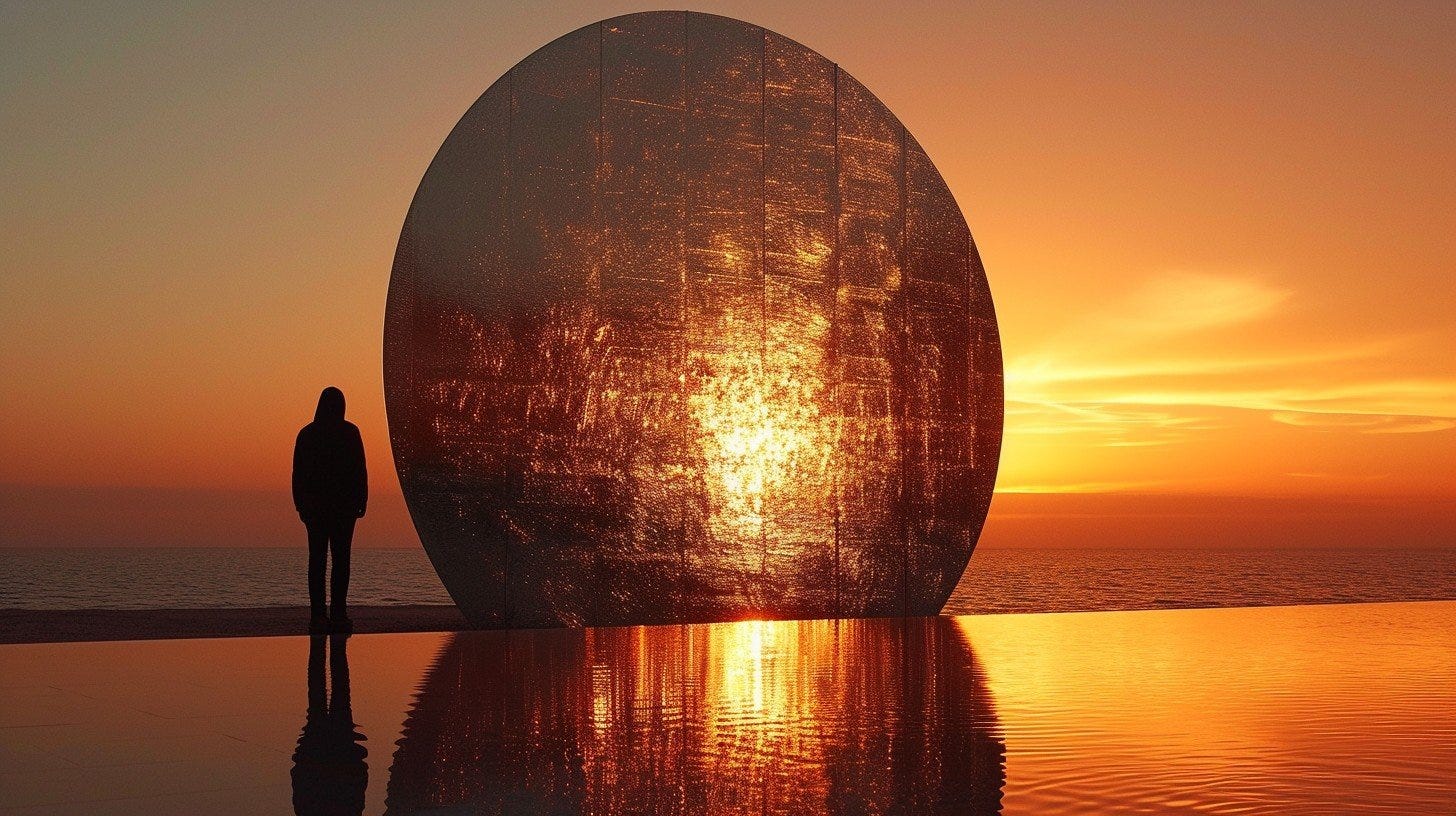 In this captivating image, a solitary silhouette is set against the majesty of a coastal sunset. A colossal sphere, basking in the golden hues of the dying light, creates a surreal landscape. The still waters mirror the scene, adding depth and tranquility. This peaceful moment captures the beauty of nature intertwined with a touch of the otherworldly, inviting the observer to ponder the scale of humanity in the face of nature's grandeur.