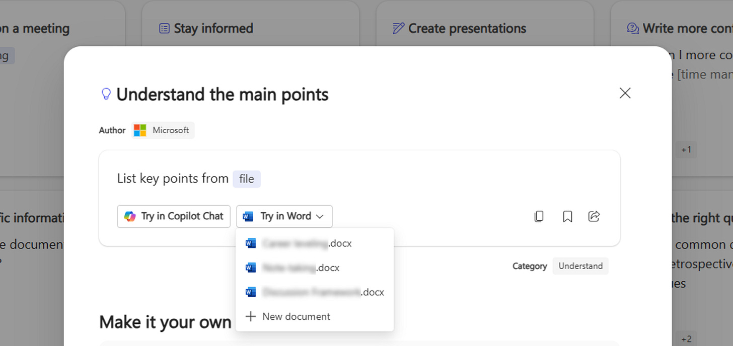 Image showing a Gen AI prompt "List key points from file" with a list of suggested files