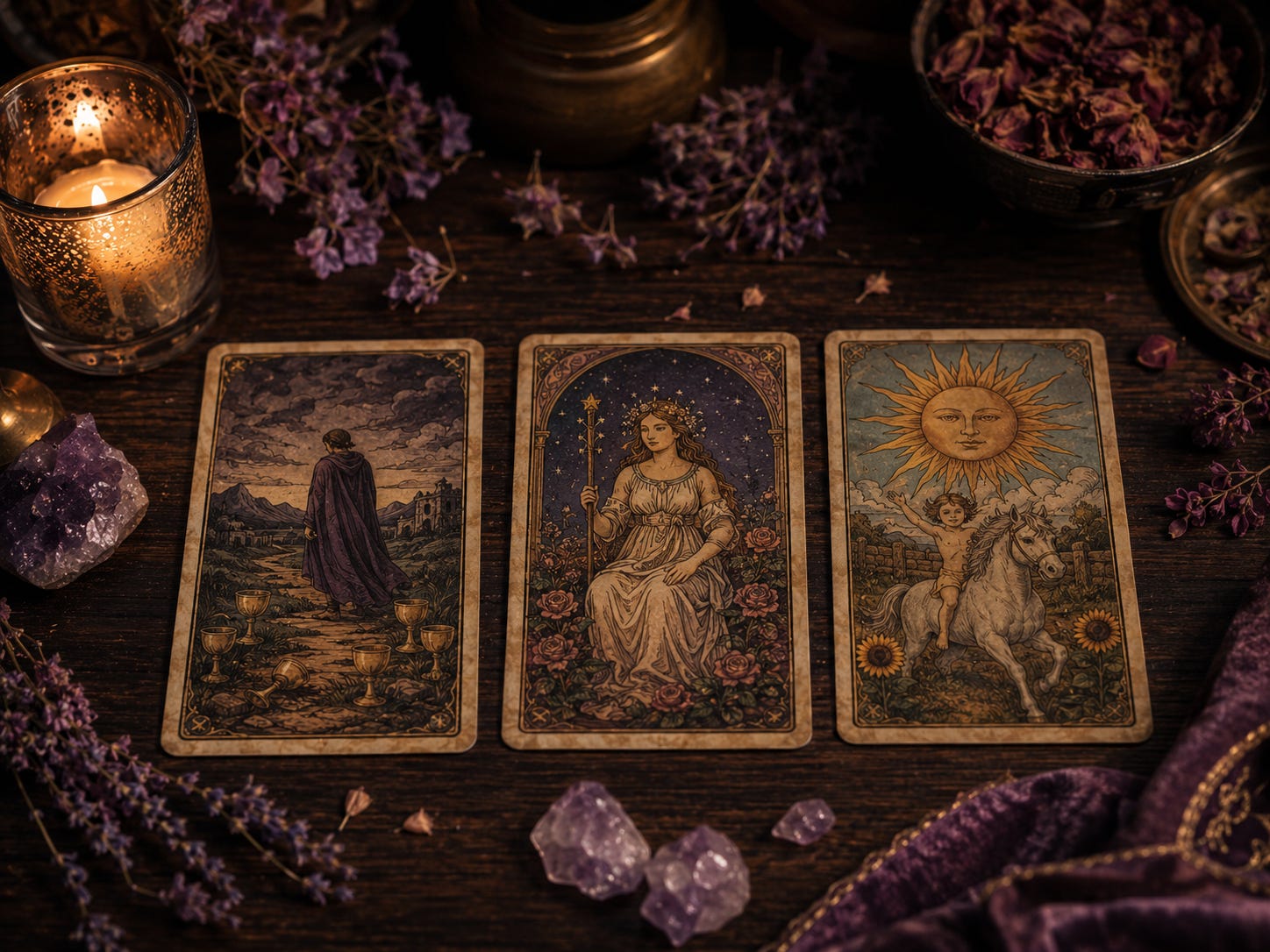 A three-card tarot spread on a wooden table — a cloaked figure with cups, a crowned Queen among roses, and the Sun card — lit by candlelight with lavender and amethyst