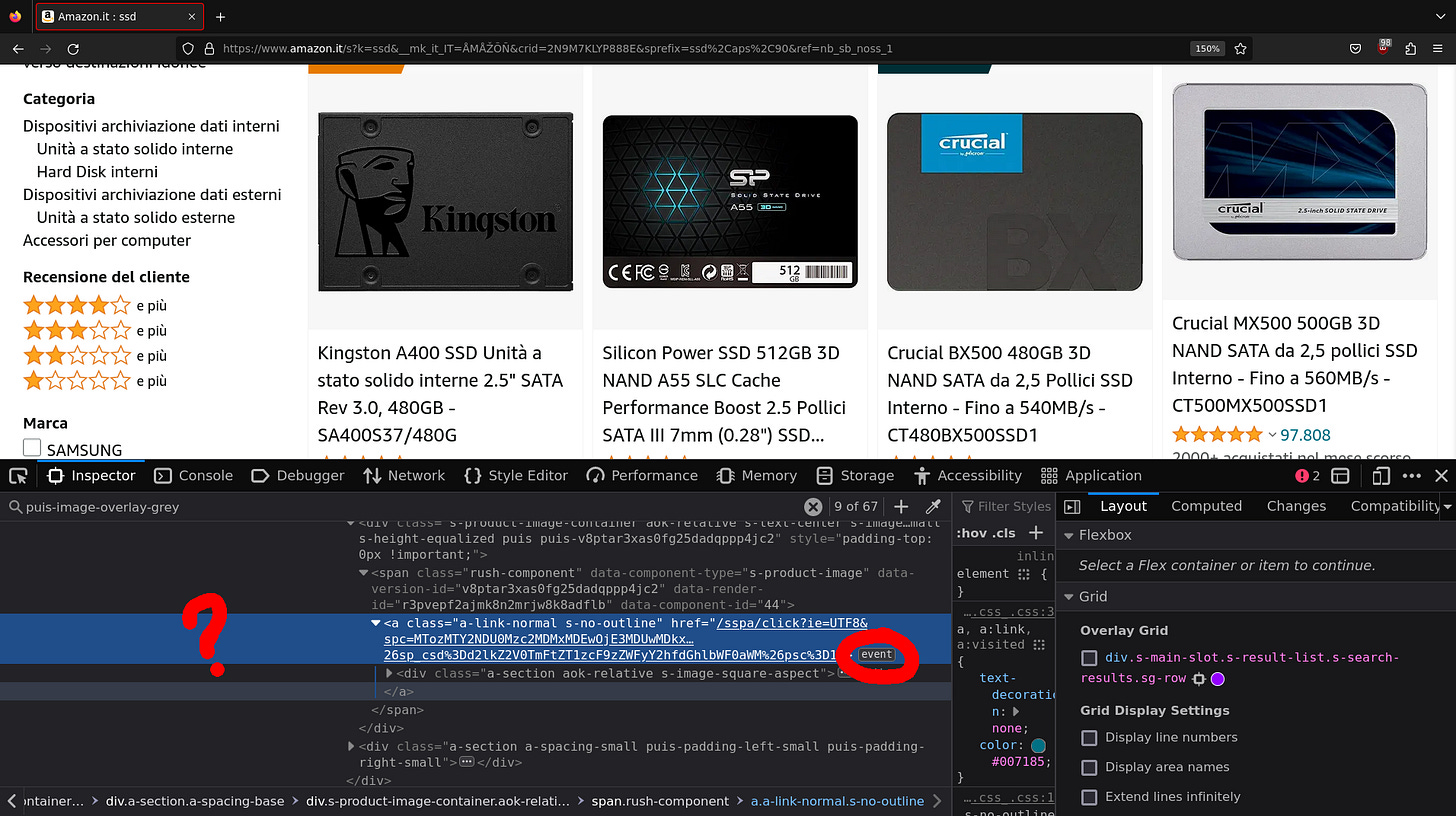 Developer console opened to show an `a` tag triggered by an event and not belonging to a product