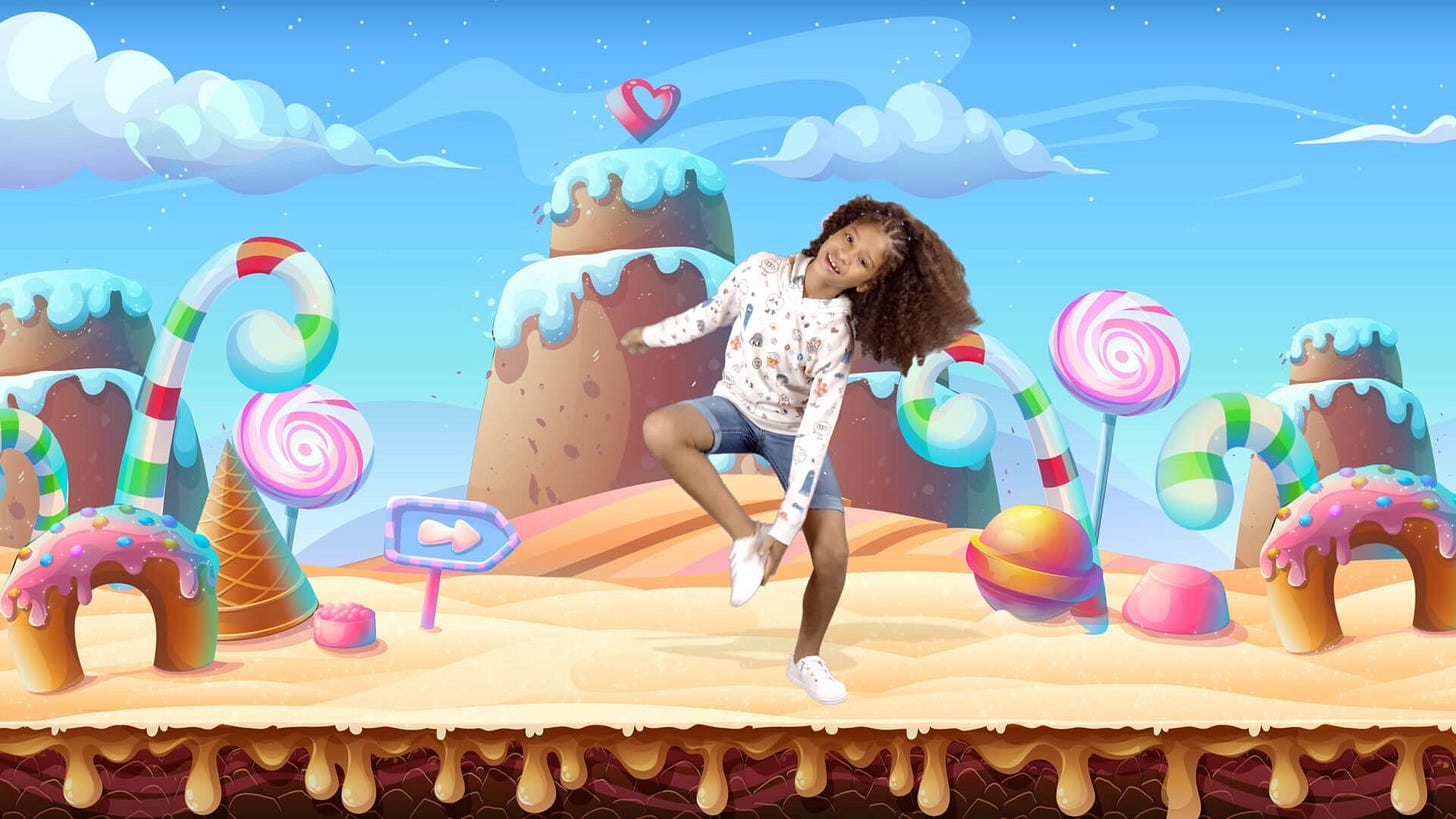 A kid doing exercises in candy land