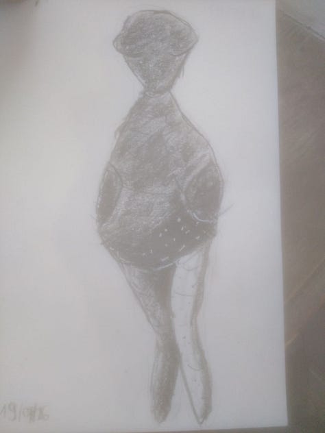 Pencil sketches of various figurines (Venus, animals), patterns, and animal teeth from Archeopark Pavlov