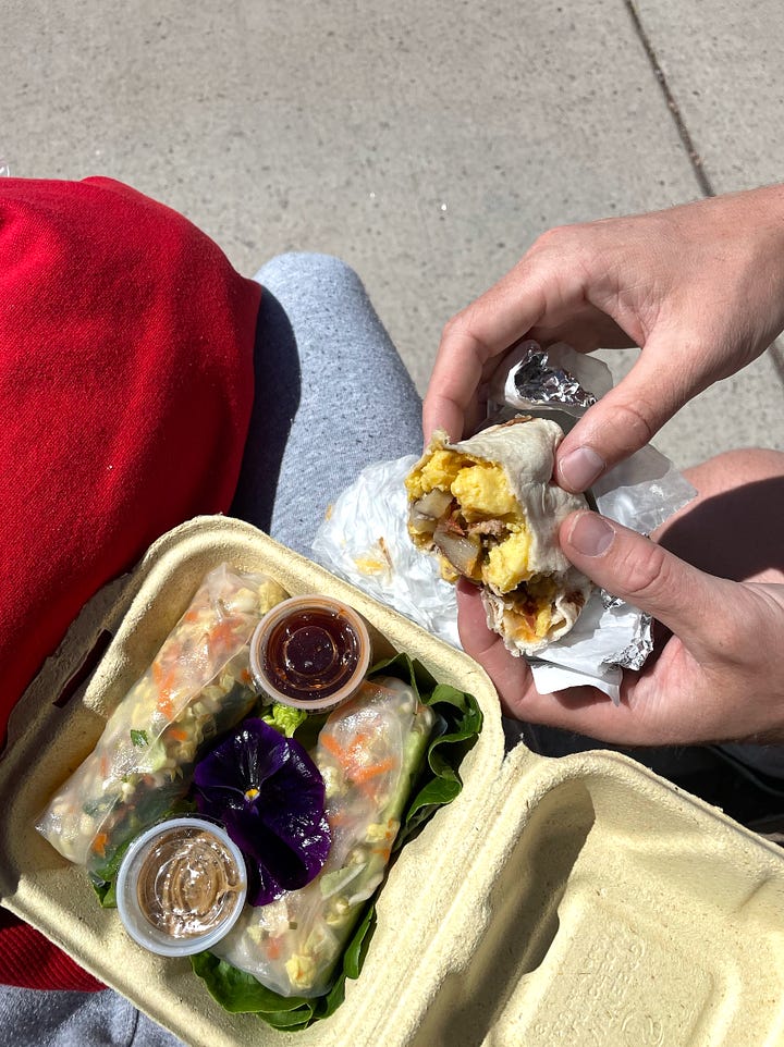 Farmers market summer rolls & Santa Fe green chili burritos