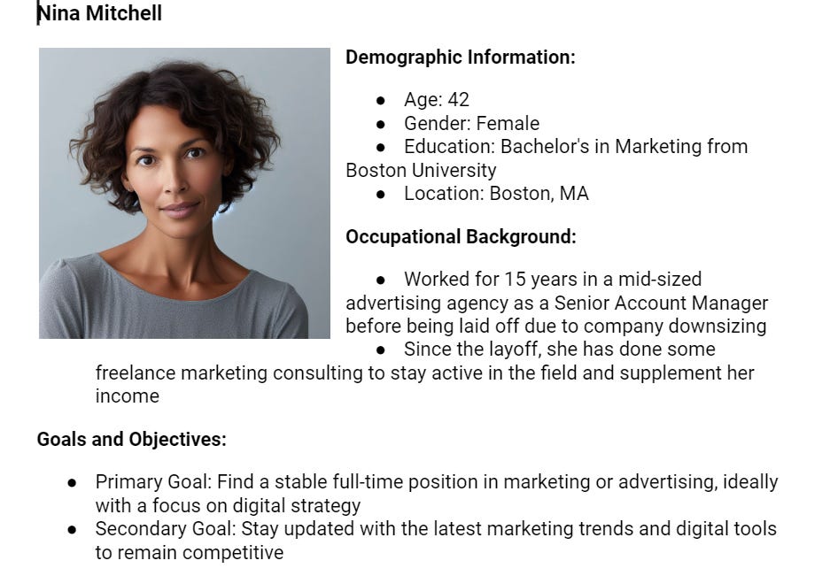 A screenshot of a profile of Nina Mitchell.  It includes her name, a photo of her (40'ish old woman with brown skin, brown short brown hair wearing a gray shirt) and other profile details.