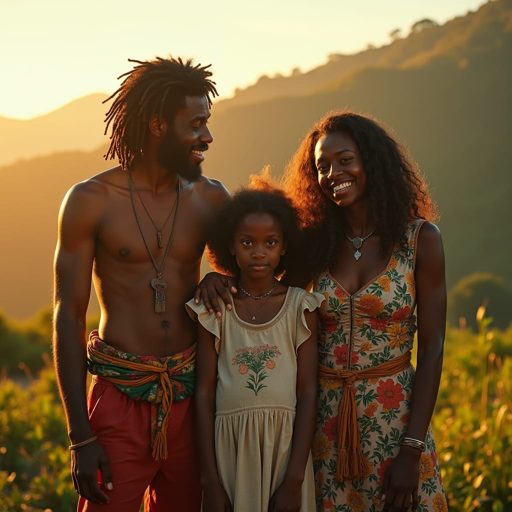 A mixed-race Rastafarian family stands together, embracing their heritage, set against the lush, vibrant backdrop of Jamaica, with warm, golden light casting a sense of serenity