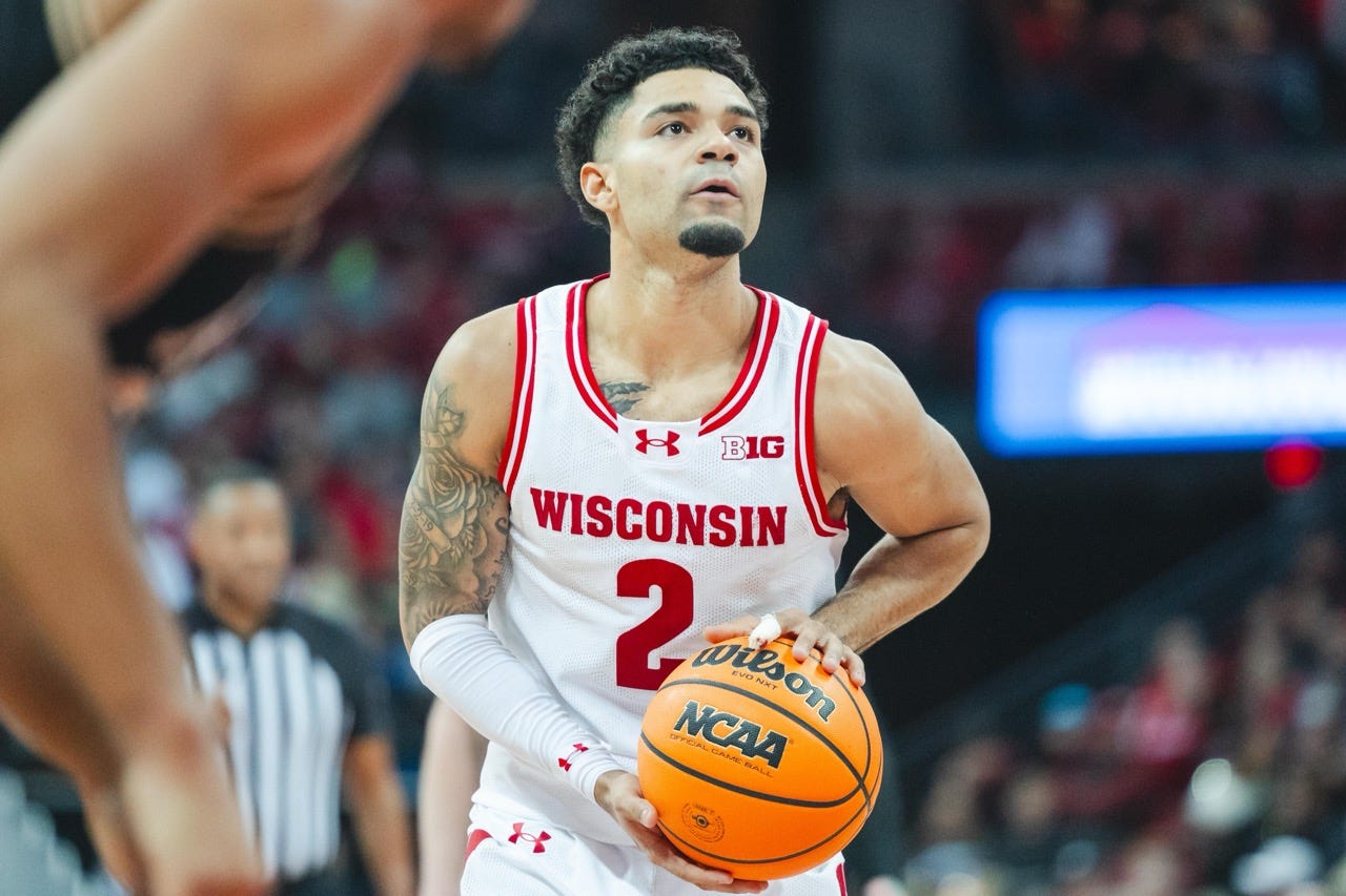 Badgers basketball guard Nick Boyd looks up toward the hoop while holding the ball