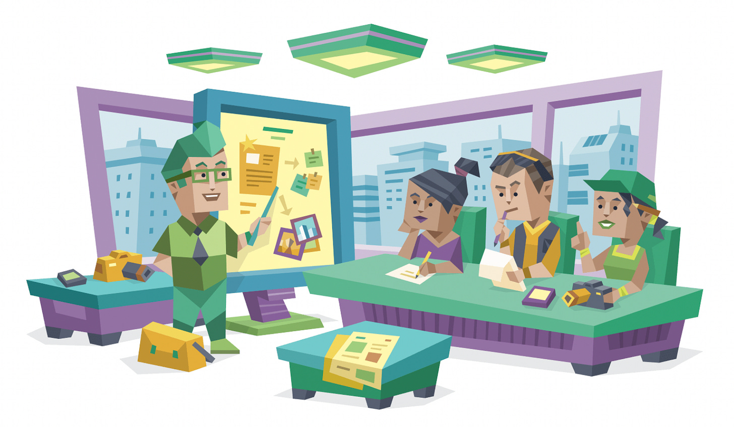 An ENFP (Campaigner) man teaching a photography class to three students in a modern classroom. He gestures enthusiastically toward a presentation board displaying photos and notes while students at a desk take notes with cameras and equipment nearby.