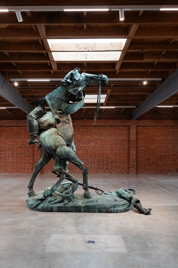 Kara Walker’s sculpture recombining parts of a 1921 equestrian monument of Stonewall Jackson and his horse, Little Sorrel, with original verdigris patina, is on view at an art space in Los Angeles.