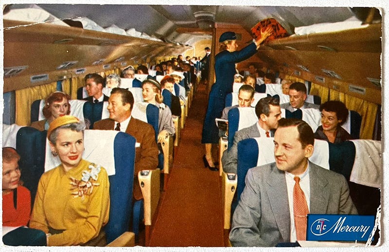 1954 vintage postcard of DC7 interior