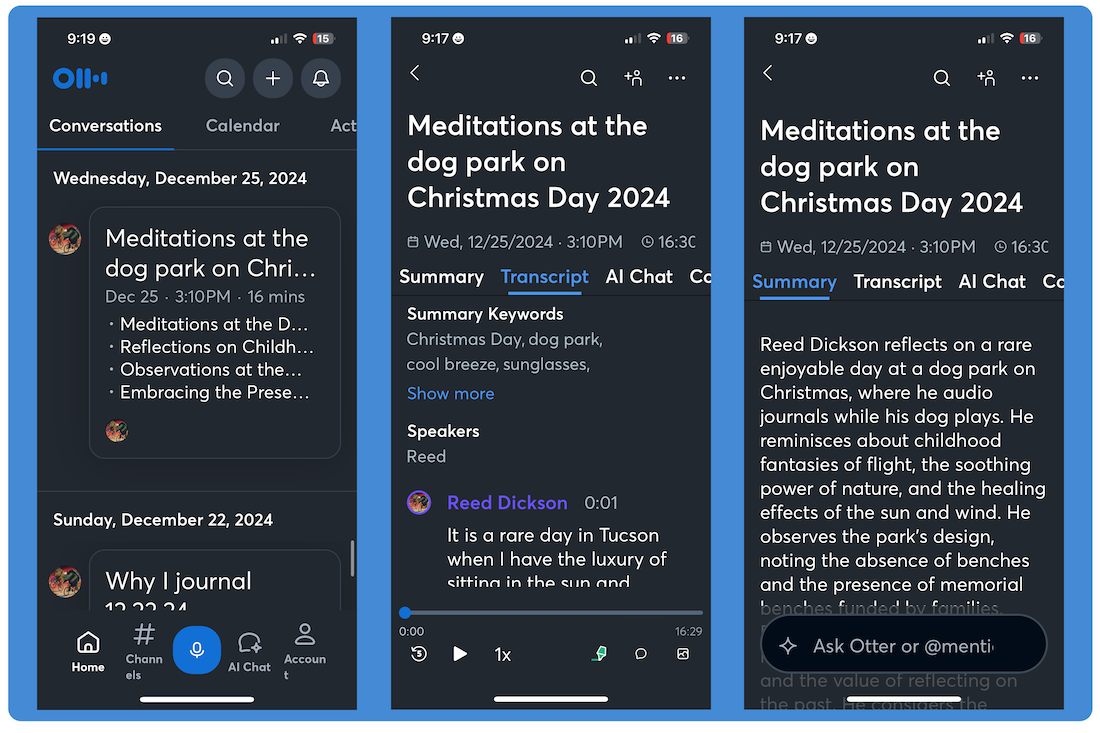 Screenshot of Otter.ai conversation summary, full-transcript and summary paragraph