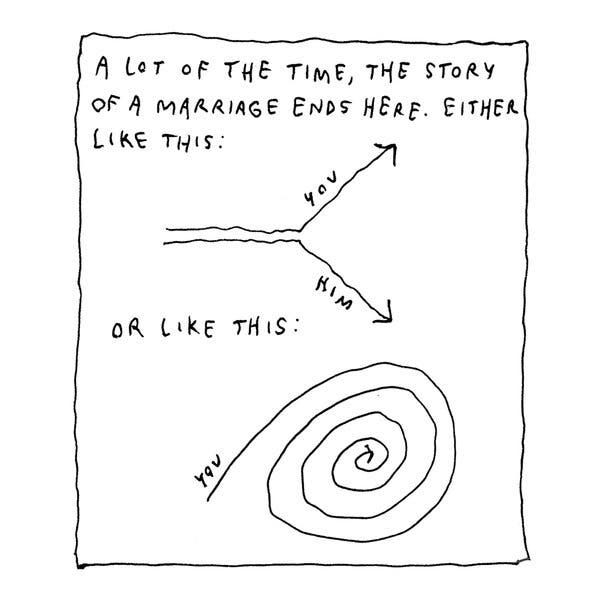 Handwritten text says, “A lot of the time, the story of a marriage ends here. Either like this—” Below that text are two lines that are first parallel but then go off in different directions. The lines are labeled “you” and “him.” Beneath that drawing it says, “Or like this” and underneath is the word “you” drawn on a spiral. 