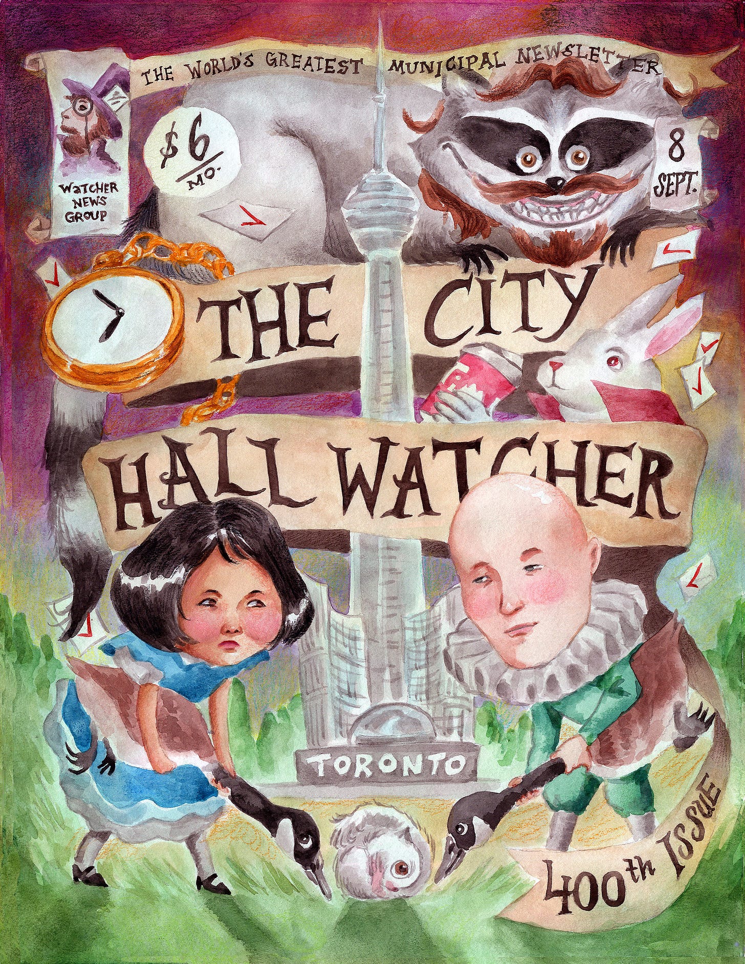 A vintage illustrated cover of 'The City Hall Watcher,' a municipal newsletter from Toronto dated September 8, showing whimsical characters including a mustachioed man, a woman, and anthropomorphic animals around the CN Tower, with a $6/month subscription price. A vintage illustrated cover of 'The City Hall Watcher,' a municipal newsletter from Toronto dated September 8, showing whimsical characters including a mustachioed man, a woman, and anthropomorphic animals around the CN Tower, with a $6/month subscription price.
