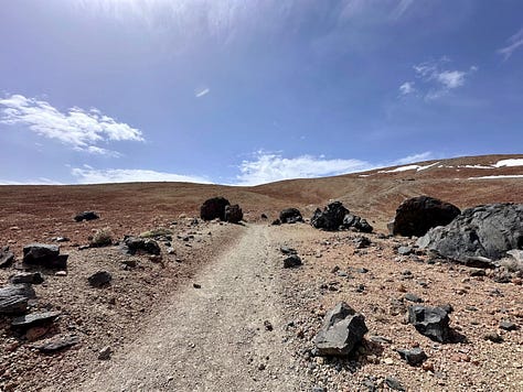 The vast orange desert-like landscape of Montana Blanca in Tenerife, raw and untouched volcanic terrain under bright sunlight.