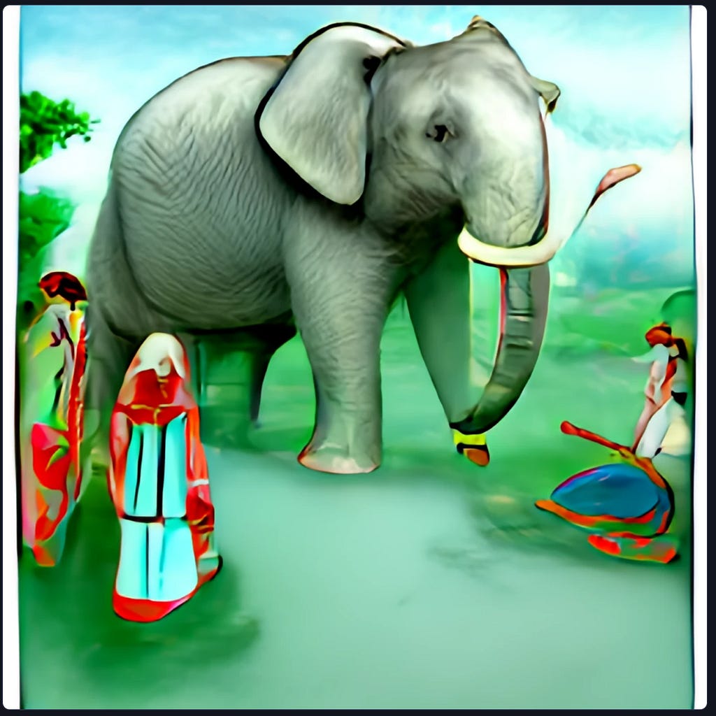 Men congregating around an elephant.